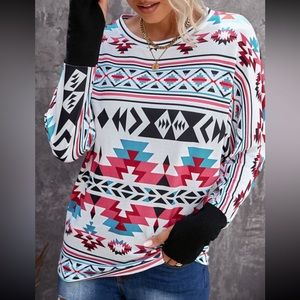 🌵Western Aztec Print Batwing Long Sleeve Top with Thumbhole Design